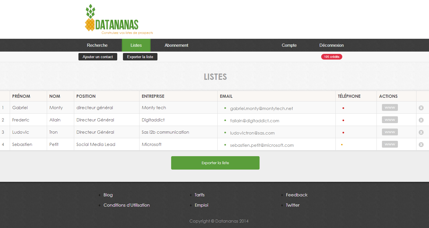 The first Datananas List Builder web interface in 2014, showing a prospect list and professional email addresses