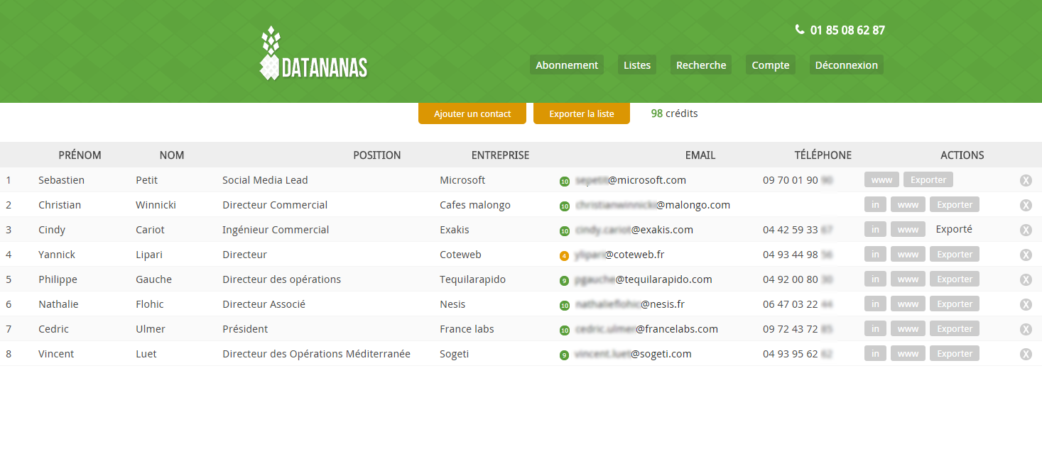 The green Datananas List Builder web interface in 2015, with a prospect list enriched with email addresses and phone numbers