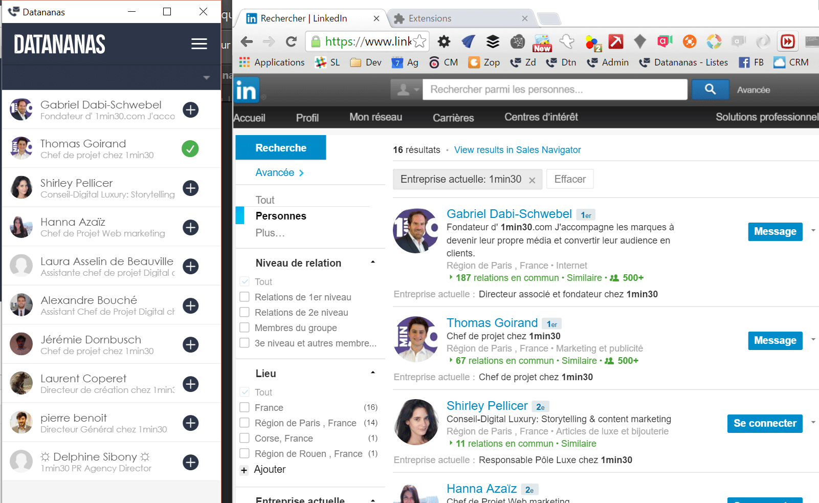 Datananas List Builder displaying prospects collected from LinkedIn search results in 2016.