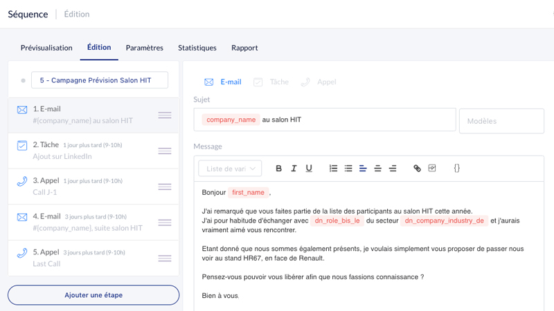 Datananas Outbound sequence editor in 2018, combining automated emails, LinkedIn tasks, and calls.